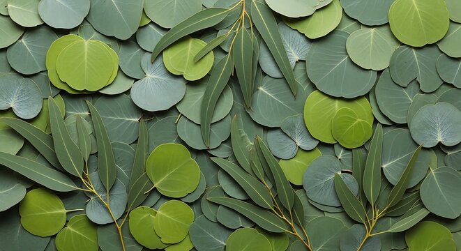 Eucalyptus leaves of different shapes arranged in a green pattern