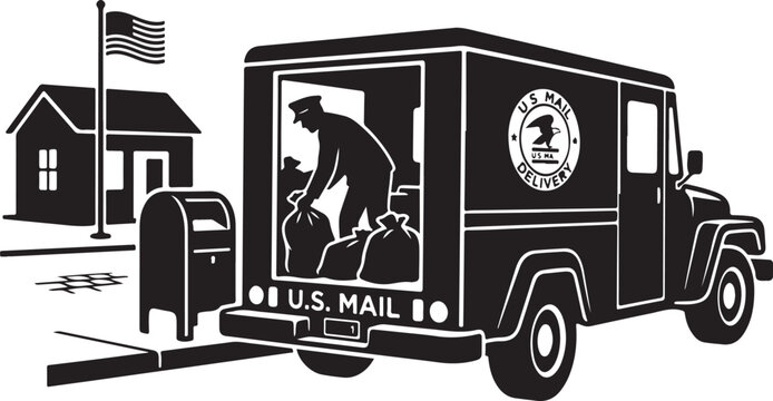 Black and white of u.s. mail truck with mail carrier
