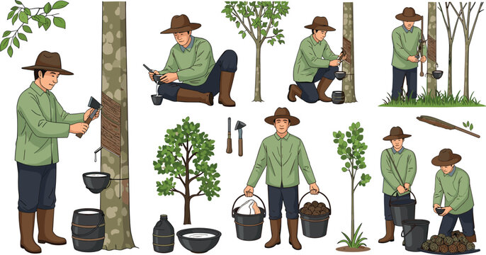 Rubber Tapper Worker Collecting Latex from Trees with Tools and Buckets Vector Illustration Set