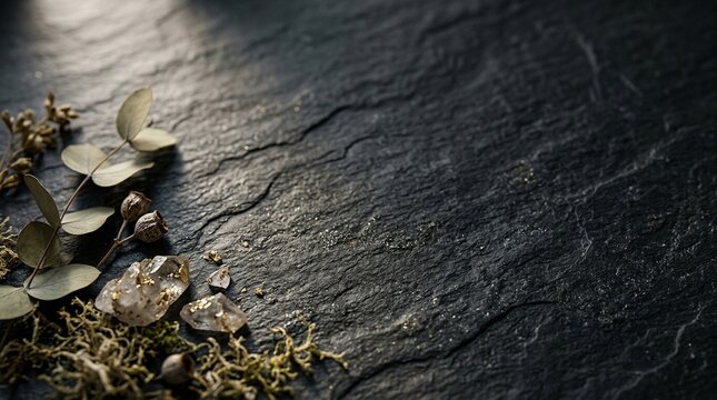 Natural Black Slate Background with Dried Eucalyptus and Gold Quartz Crystals