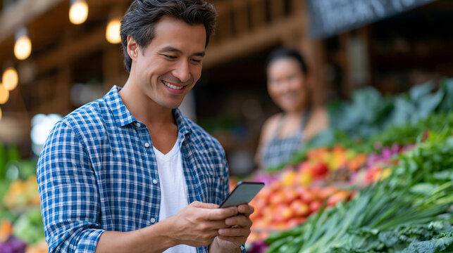 Commercial stock photo of a young Asian man scanning a QR code payment with a blank-screen smartphone at a bright local Asian street food market stall, casual clothing, relaxed hap
