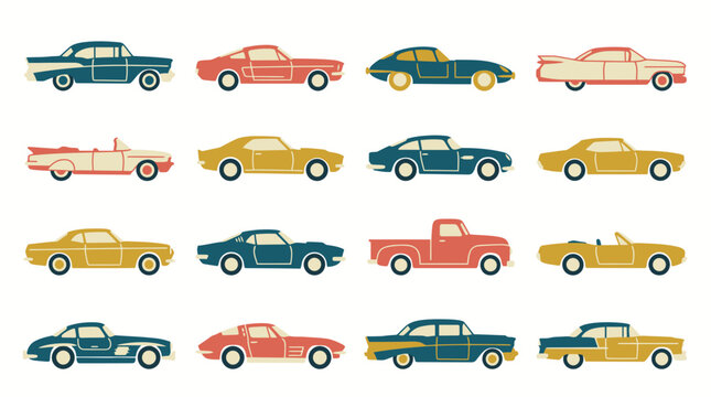 Classic retro vintage cars in various colors and styles flat icon collection.