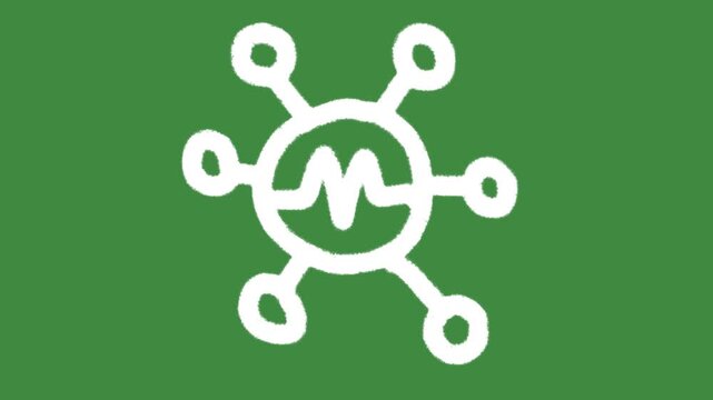 Global network hub hand-drawn cartoon graphic with chalk outline pulse data protection icon isolated on green screen background for cybersecurity data node connection and secure digital transaction.