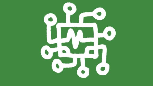 Electronic microchip network hub hand-drawn cartoon graphic with chalk outline pulse circuit processor icon isolated on green screen background for cybersecurity hardware line art element concept.