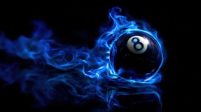 Stunning photo of magic eight ball in blue flames. A striking image featuring a black billiard ball with the number eight engulfed in mystical blue fire on a dark background.