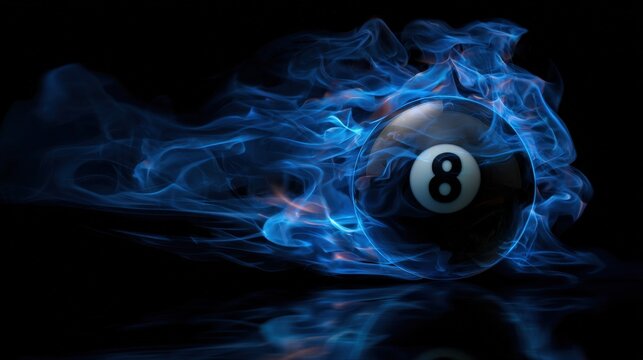 Stunning photo of magic eight ball in blue flames. A striking image featuring a black billiard ball with the number eight engulfed in mystical blue fire on a dark background.