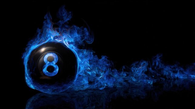 Stunning photo of magic eight ball in blue flames. A striking image featuring a black billiard ball with the number eight engulfed in mystical blue fire on a dark background.