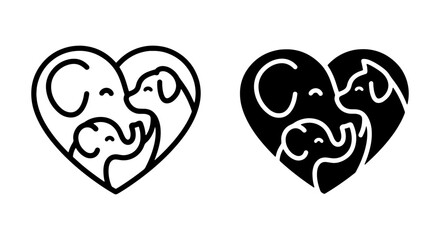 Heart Animal Icons, Dog Elephant Family Love, Pet Care Vector Graphics, Adoption Symbol, Minimalist Outline © Tanvir