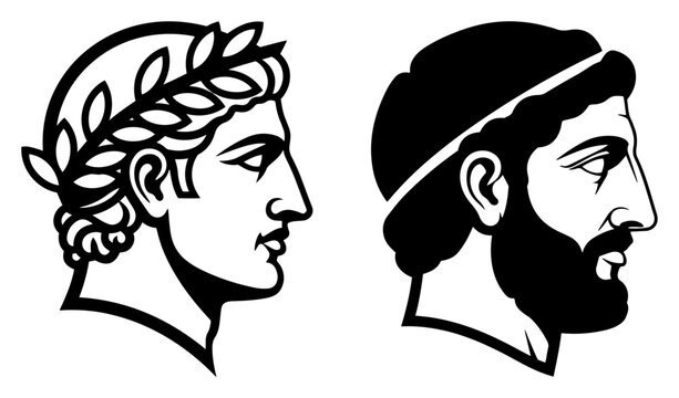 Ancient Greek and Roman male head profiles in classical vector line art style