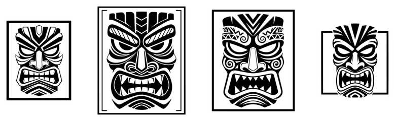 Tiki mask collection featuring tribal wooden totems with angry expressions in graphic vector style © AnimalZOO