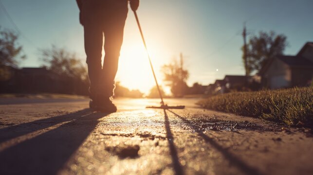 Stunning photo of person sealing driveway with squeegee applicator tool in sunny day. Driveway asphalt sealcoating protects pavement, prevents fractures. Maintenance worker.