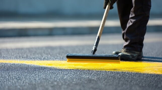 Stunning photo of person sealing driveway with squeegee applicator tool in sunny day. Driveway asphalt sealcoating protects pavement, prevents fractures. Maintenance worker.