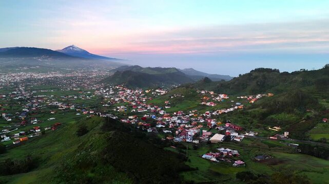 Aerial sunrise view of Mirador De Jardina valley and Mount Teide, Tenerife