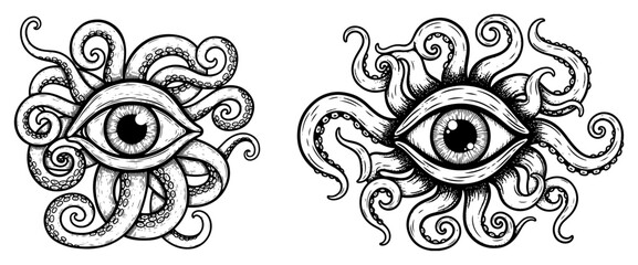 Eye with octopus tentacles mystical symbol in vintage engraving style © AnimalZOO