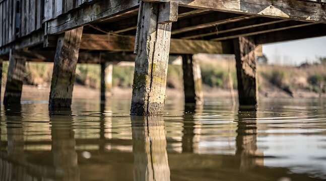 Low angle view of wooden dock pilings reflecting in calm lake water.
