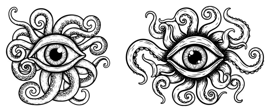 Eye with octopus tentacles mystical symbol in vintage engraving style