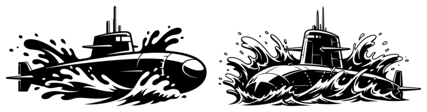 Submarines breaking through ocean surface with large splashes in dynamic engraving style