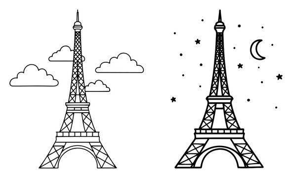 Eiffel Tower day and night landscape icons in minimal line art style