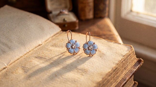 Antique edwardian style flower drop earrings with light blue enamel and diamonds on open vintage book