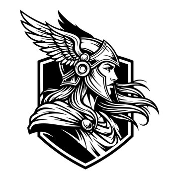 Valkyrie female warrior with winged helmet on shield crest in graphic mascot style