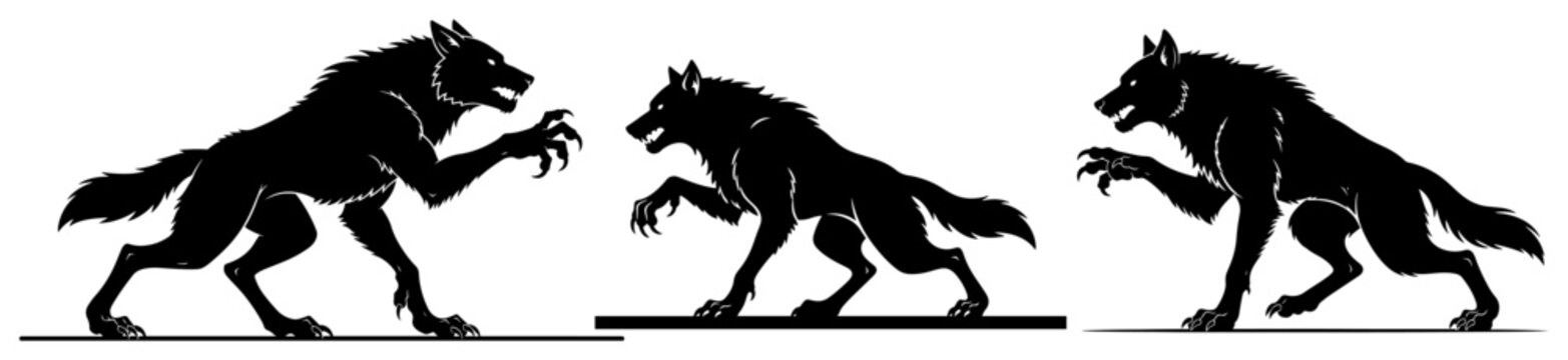 Werewolf silhouettes in aggressive poses and dynamic stances graphic set