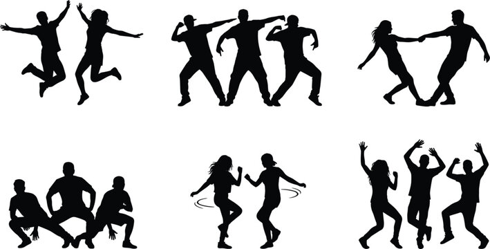 Dance Party and Hip Hop Silhouette Collection Featuring Jumping Dancing Couples and Group Performance Poses