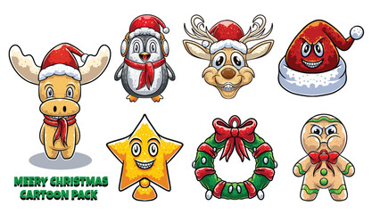 Fototapeta premium Cute Christmas Characters Vector Clip art Pack Merry Christmas Cartoon Sticker Pack