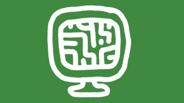 Computer monitor circuit network hand-drawn cartoon graphic with chalk outline cyber security data icon isolated on green screen background for artificial intelligence line art element concept.
