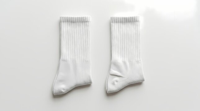 White Cotton Crew Socks Pair Mockup on White Background Flat Lay