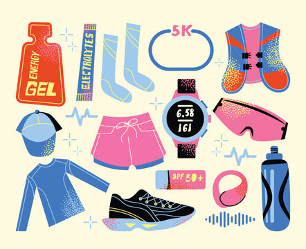 Running gear and marathon equipment vector set with running shoe, smart watch, hydration vest, sports clothing, energy gel, and fitness accessories for trail run and jogging training illustration