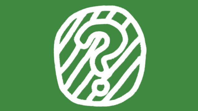 Help question mark hand-drawn cartoon graphic with chalk outline FAQ troubleshooting icon isolated on green screen background for research survey symbol and creative solution line art element.