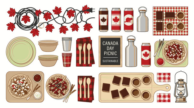 Collection of Canada Day picnic icons including maple leaf lights, poutine, and beverages.
