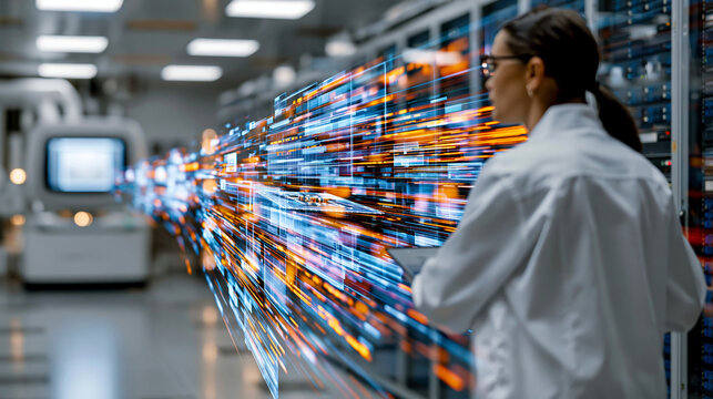 Ultra-premium corporate advertising photography of a female semiconductor engineer in a cleanroom environment, standing between a luminous extreme ultraviolet (EUV) lithography sca