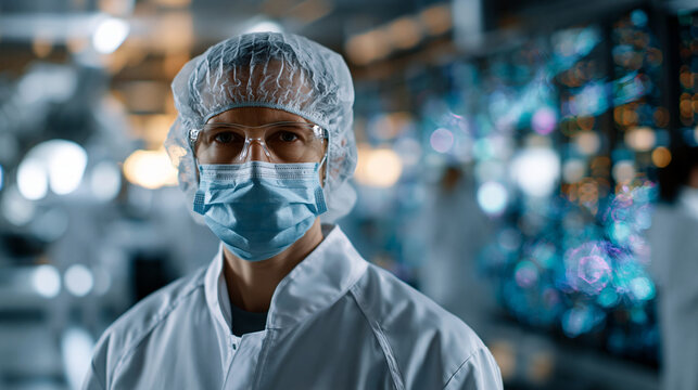 Ultra-premium corporate advertising photography of a female semiconductor engineer in a cleanroom environment, standing between a luminous extreme ultraviolet (EUV) lithography sca
