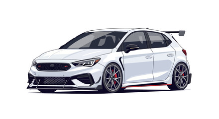 Naklejka premium White Performance Hatchback Car with Spoiler, Front View, Isolated on White Background