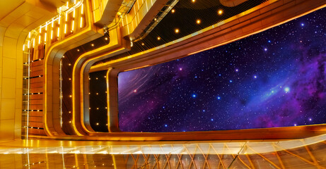 a futuristic sci-fi spaceship bridge, highlighting a massive panoramic window looking out into deep space © Roberto Sorin