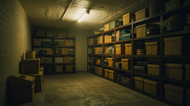 Storage room with shelves filled with various boxes and containers under a fluorescent light image photo