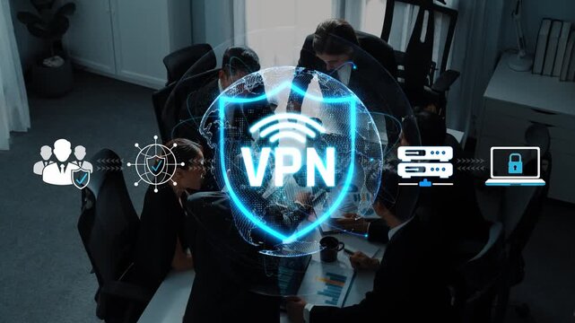 VPN Technology for Secure Network Connection in Office Environment with Business Teams Collaborating on Data Safety and Digital Privacy Solutions Sigmoid