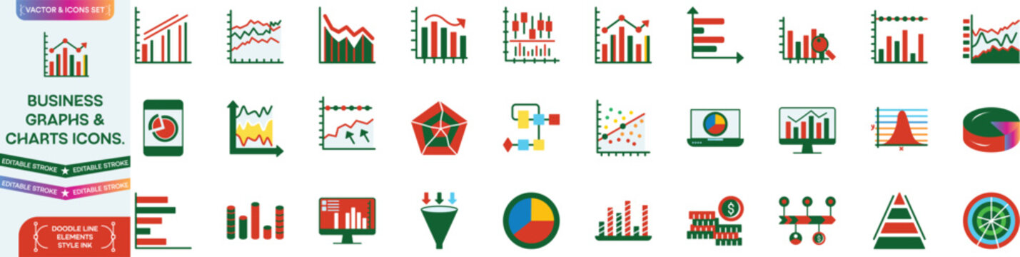 Growing bar 60 icon set. Business graphs and charts icons. Statistics and analytics vector icon. Statistic and data, charts diagrams, money, down or up arrow. Vector illustration.