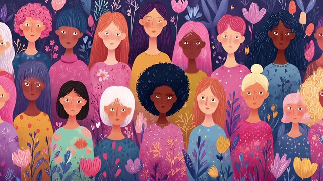 Female diversity. Human rights, equal opportunity concept. A vibrant illustration depicts a diverse group of women, each with unique hairstyle and clothing.