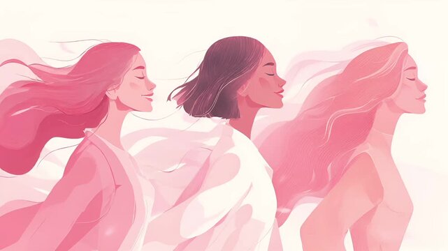 Female diversity. Human rights, equal opportunity concept. A digital illustration depicts three women in a side profile, each with flowing pink hair.