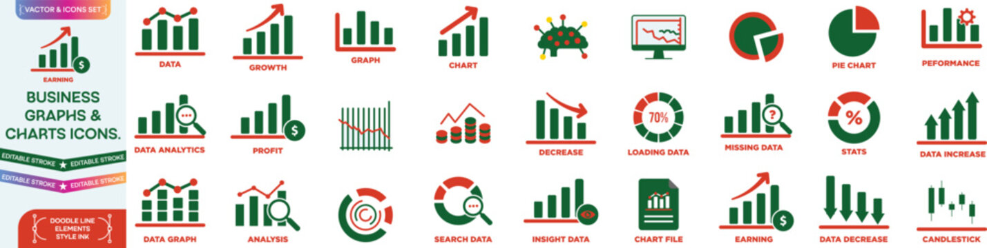 Growing bar 60 icon set. Business graphs and charts icons. Statistics and analytics vector icon. Statistic and data, charts diagrams, money, down or up arrow. Vector illustration.