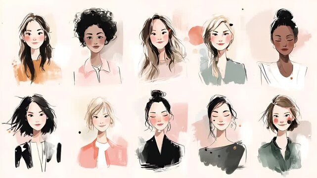 Female diversity. Human rights, equal opportunity concept. A collection of nine female avatars, each with a unique hairstyle and facial expression. The style is modern and artistic, featuring soft.