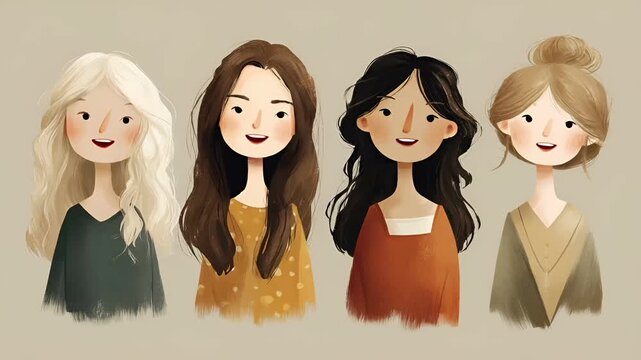 Female diversity. Human rights, equal opportunity concept. A stylized illustration depicts four female characters with distinct facial expressions and hairstyles.