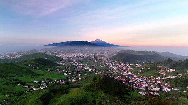 Drone flight over Mirador De Jardina valley at sunrise, Anaga, Tenerife