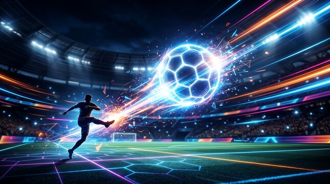 Futuristic soccer player kicking a glowing neon football in a high-tech modern stadium with dynamic light trails and colorful digital effects