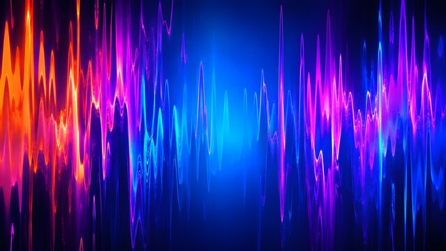 Vibrant abstract soundwave illustration with glowing purple and orange lines. This high resolution graphic is perfect for music festival posters, audio technology, and neon backgrounds.