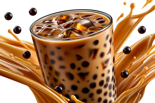 Bubble tea with tapioca pearls iced milk drink asian beverage isolated on white background