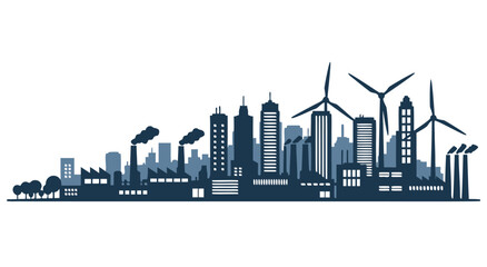 Naklejka premium Modern Industrial City Skyline Vector Illustration Featuring Sustainable Energy Wind Turbines and Manufacturing Factories for Urban Infrastructure Projects