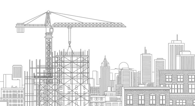 Architectural sketch of a city skyline with a construction crane building a new skyscraper.
